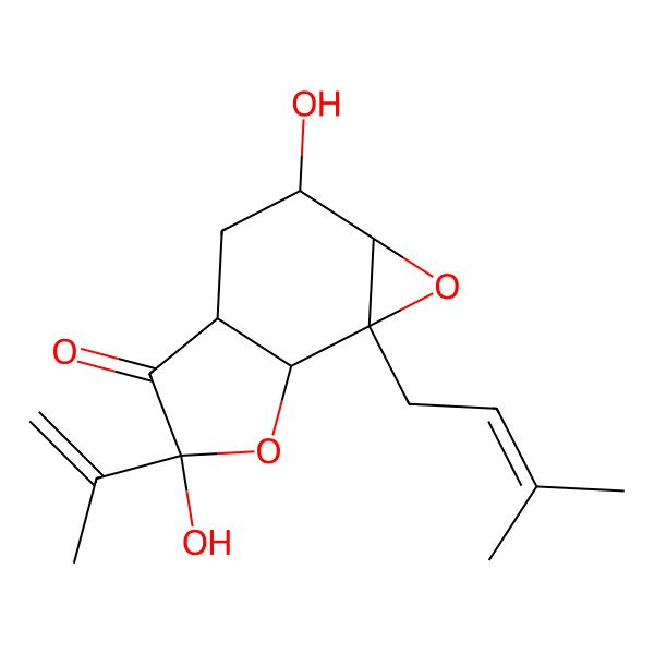 2D Structure of 2,5-dihydroxy-6b-(3-methylbut-2-enyl)-5-prop-1-en-2-yl-2,3,3a,6a-tetrahydro-1aH-oxireno[2,3-g][1]benzofuran-4-one