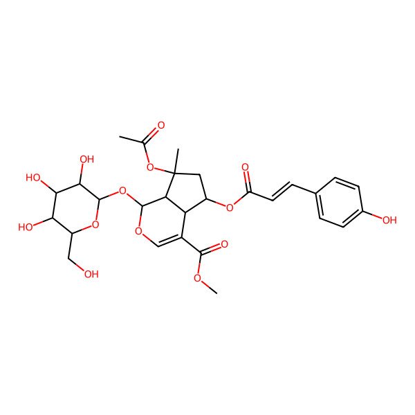 2D Structure of methyl (1S,4aS,5R,7S,7aS)-7-acetyloxy-5-[(E)-3-(4-hydroxyphenyl)prop-2-enoyl]oxy-7-methyl-1-[(2S,3R,4S,5S,6R)-3,4,5-trihydroxy-6-(hydroxymethyl)oxan-2-yl]oxy-4a,5,6,7a-tetrahydro-1H-cyclopenta[c]pyran-4-carboxylate