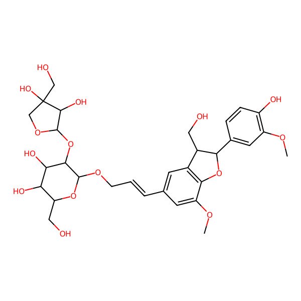 2D Structure of 5-[3,4-Dihydroxy-4-(hydroxymethyl)oxolan-2-yl]oxy-6-[3-[2-(4-hydroxy-3-methoxyphenyl)-3-(hydroxymethyl)-7-methoxy-2,3-dihydro-1-benzofuran-5-yl]prop-2-enoxy]-2-(hydroxymethyl)oxane-3,4-diol