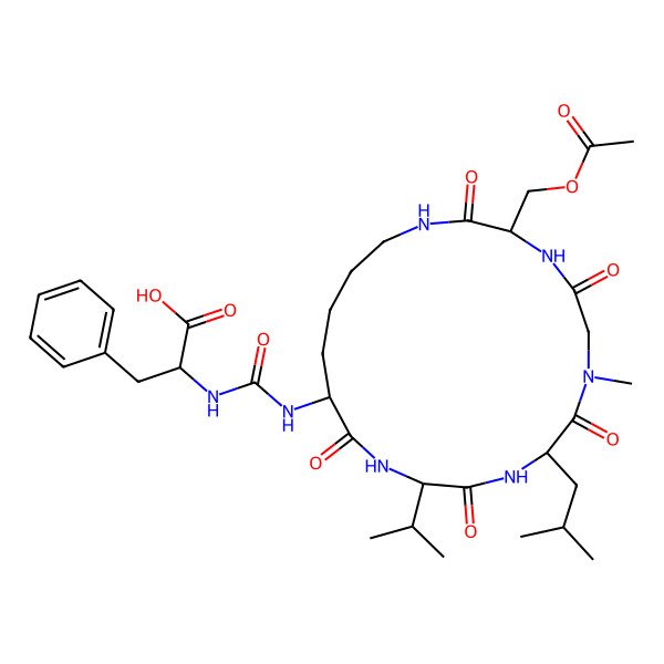 2D Structure of (2R)-2-[[(3S,9S,12S,15R)-3-(acetyloxymethyl)-7-methyl-9-(2-methylpropyl)-2,5,8,11,14-pentaoxo-12-propan-2-yl-1,4,7,10,13-pentazacyclononadec-15-yl]carbamoylamino]-3-phenylpropanoic acid