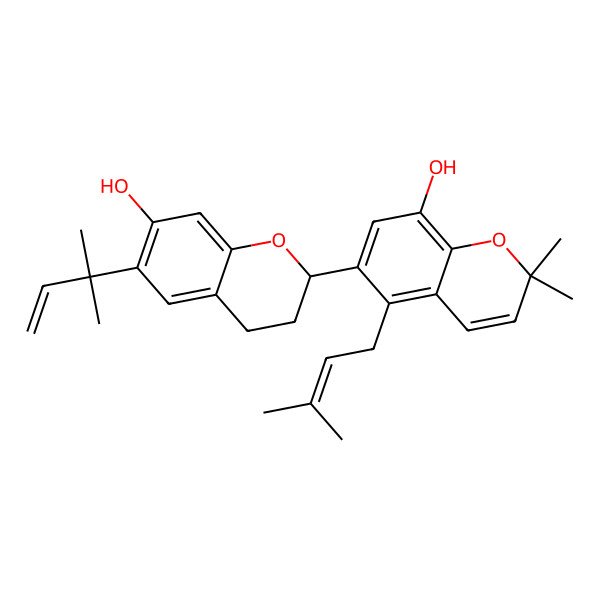 2D Structure of 6-[(2R)-7-hydroxy-6-(2-methylbut-3-en-2-yl)-3,4-dihydro-2H-chromen-2-yl]-2,2-dimethyl-5-(3-methylbut-2-enyl)chromen-8-ol