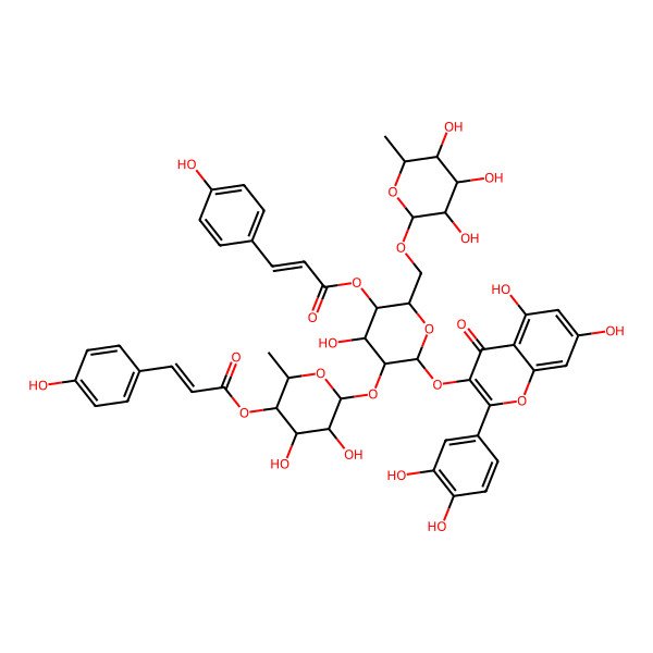 2D Structure of [(2S,3R,4S,5R,6S)-6-[(2S,3R,4S,5R,6R)-2-[2-(3,4-dihydroxyphenyl)-5,7-dihydroxy-4-oxochromen-3-yl]oxy-4-hydroxy-5-[(E)-3-(4-hydroxyphenyl)prop-2-enoyl]oxy-6-[[(2R,3R,4R,5R,6S)-3,4,5-trihydroxy-6-methyloxan-2-yl]oxymethyl]oxan-3-yl]oxy-4,5-dihydroxy-2-methyloxan-3-yl] (E)-3-(4-hydroxyphenyl)prop-2-enoate