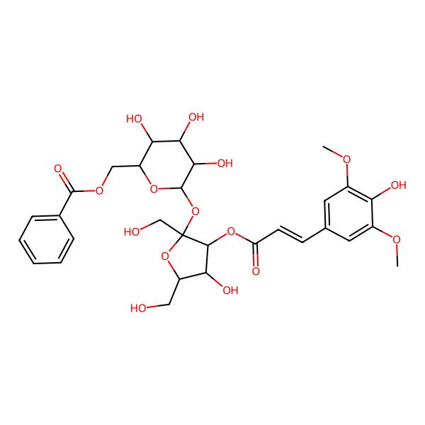 2D Structure of [3,4,5-Trihydroxy-6-[4-hydroxy-3-[3-(4-hydroxy-3,5-dimethoxyphenyl)prop-2-enoyloxy]-2,5-bis(hydroxymethyl)oxolan-2-yl]oxyoxan-2-yl]methyl benzoate