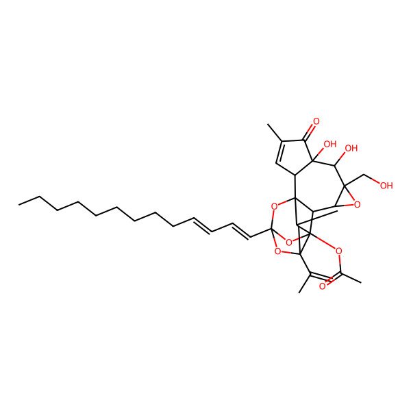 2D Structure of [(1R,2R,6S,7S,8R,10S,11S,12R,14S,16S,17R,18S)-6,7-dihydroxy-8-(hydroxymethyl)-4,18-dimethyl-5-oxo-16-prop-1-en-2-yl-14-[(1E,3E)-trideca-1,3-dienyl]-9,13,15,19-tetraoxahexacyclo[12.4.1.01,11.02,6.08,10.012,16]nonadec-3-en-17-yl] acetate