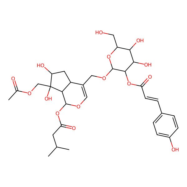 2D Structure of [(1S,4aS,6S,7R,7aS)-7-(acetyloxymethyl)-4-[[(2R,3R,4S,5S,6R)-4,5-dihydroxy-6-(hydroxymethyl)-3-[(Z)-3-(4-hydroxyphenyl)prop-2-enoyl]oxyoxan-2-yl]oxymethyl]-6,7-dihydroxy-4a,5,6,7a-tetrahydro-1H-cyclopenta[c]pyran-1-yl] 3-methylbutanoate