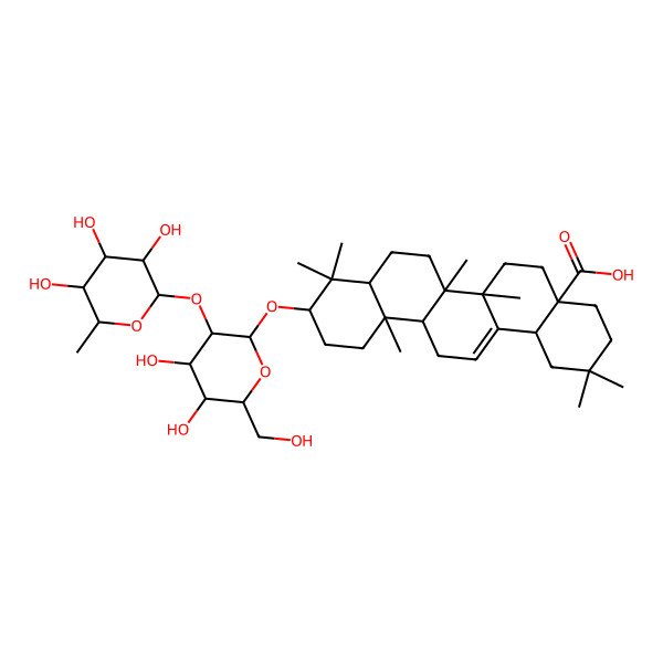 2D Structure of (4aS,6aR,6aS,6bR,8aR,10S,12aR,14bS)-10-[(2R,3R,4S,5S,6R)-4,5-dihydroxy-6-(hydroxymethyl)-3-[(2S,3R,4R,5R,6S)-3,4,5-trihydroxy-6-methyloxan-2-yl]oxyoxan-2-yl]oxy-2,2,6a,6b,9,9,12a-heptamethyl-1,3,4,5,6,6a,7,8,8a,10,11,12,13,14b-tetradecahydropicene-4a-carboxylic acid
