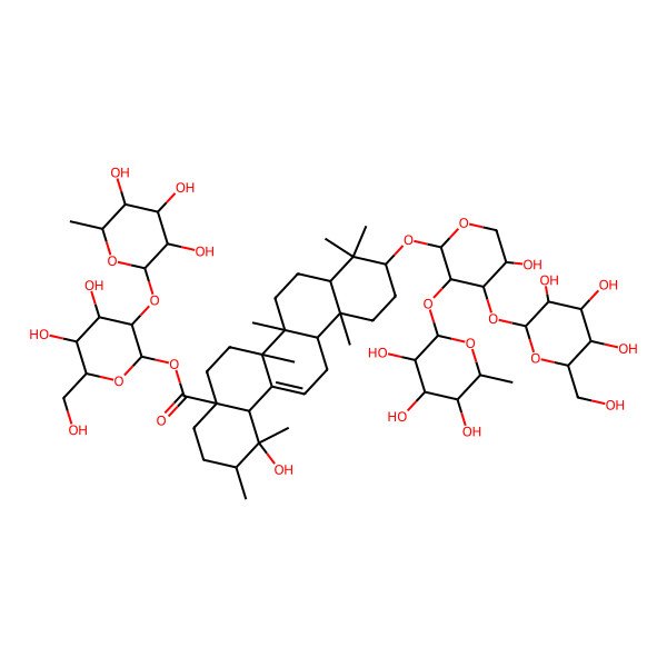 2D Structure of [(2S,3R,4S,5S,6R)-4,5-dihydroxy-6-(hydroxymethyl)-3-[(2S,3R,4R,5R,6S)-3,4,5-trihydroxy-6-methyloxan-2-yl]oxyoxan-2-yl] (1R,2S,4aS,6aR,6aS,6bR,8aR,12aR,14bS)-1-hydroxy-10-[(2S,3R,4S,5S)-5-hydroxy-4-[(2S,3R,4S,5S,6R)-3,4,5-trihydroxy-6-(hydroxymethyl)oxan-2-yl]oxy-3-[(2S,3R,4R,5R,6S)-3,4,5-trihydroxy-6-methyloxan-2-yl]oxyoxan-2-yl]oxy-1,2,6a,6b,9,9,12a-heptamethyl-2,3,4,5,6,6a,7,8,8a,10,11,12,13,14b-tetradecahydropicene-4a-carboxylate