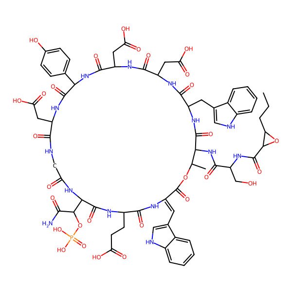 2D Structure of 3-[9-(2-amino-2-oxo-1-phosphonooxyethyl)-15,21,24-tris(carboxymethyl)-18-(4-hydroxyphenyl)-30-[[3-hydroxy-2-[(3-propyloxirane-2-carbonyl)amino]propanoyl]amino]-27-(1H-indol-3-ylmethyl)-3-(1H-indol-3-ylmethylidene)-31-methyl-2,5,8,11,14,17,20,23,26,29-decaoxo-1-oxa-4,7,10,13,16,19,22,25,28-nonazacyclohentriacont-6-yl]propanoic acid