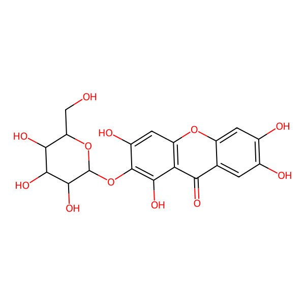 2D Structure of 1,3,6,7-tetrahydroxy-2-[(2S,3R,4S,5S,6S)-3,4,5-trihydroxy-6-(hydroxymethyl)oxan-2-yl]oxyxanthen-9-one