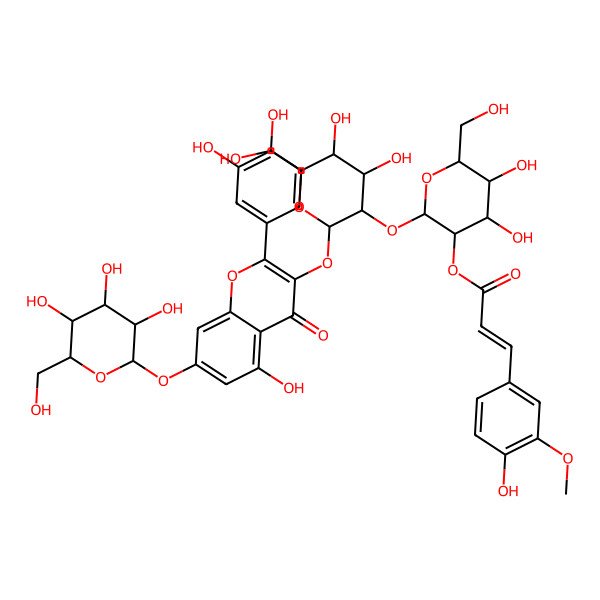 2D Structure of 2-(3,4-Dihydroxyphenyl)-7-(I(2)-D-glucopyranosyloxy)-5-hydroxy-3-[[2-O-[2-O-[(2E)-3-(4-hydroxy-3-methoxyphenyl)-1-oxo-2-propen-1-yl]-I(2)-D-glucopyranosyl]-I(2)-D-glucopyranosyl]oxy]-4H-1-benzopyran-4-one
