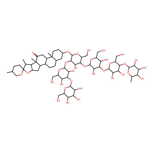 2D Structure of (1R,2S,4S,5'R,6R,7S,8R,9S,12S,13S,16S,18S)-16-[(2R,3R,4S,5R,6R)-3-[(2S,3R,4S,5R,6R)-3,5-dihydroxy-6-(hydroxymethyl)-4-[(2S,3R,4S,5S,6R)-3,4,5-trihydroxy-6-(hydroxymethyl)oxan-2-yl]oxyoxan-2-yl]oxy-5-[(2S,3R,4S,5R,6R)-4-[(2S,3R,4R,5S,6R)-3,4-dihydroxy-6-(hydroxymethyl)-5-[(2S,3R,4R,5R,6S)-3,4,5-trihydroxy-6-methyloxan-2-yl]oxyoxan-2-yl]oxy-3,5-dihydroxy-6-(hydroxymethyl)oxan-2-yl]oxy-4-hydroxy-6-(hydroxymethyl)oxan-2-yl]oxy-5',7,9,13-tetramethylspiro[5-oxapentacyclo[10.8.0.02,9.04,8.013,18]icosane-6,2'-oxane]-10-one