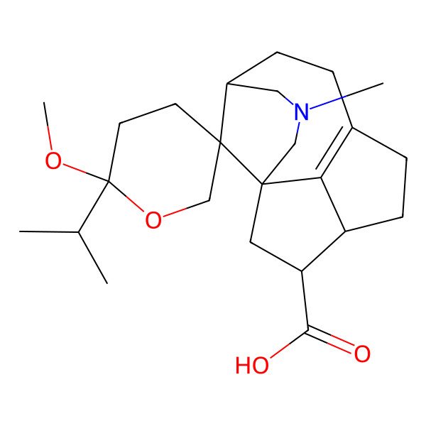 2D Structure of 2'-Methoxy-3-methyl-2'-propan-2-ylspiro[3-azatetracyclo[6.5.1.11,5.011,14]pentadec-8(14)-ene-15,5'-oxane]-12-carboxylic acid