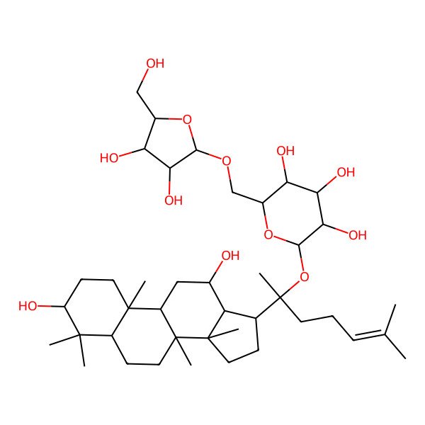 2D Structure of 2-[[3,4-dihydroxy-5-(hydroxymethyl)oxolan-2-yl]oxymethyl]-6-[2-(3,12-dihydroxy-4,4,8,10,14-pentamethyl-2,3,5,6,7,9,11,12,13,15,16,17-dodecahydro-1H-cyclopenta[a]phenanthren-17-yl)-6-methylhept-5-en-2-yl]oxyoxane-3,4,5-triol