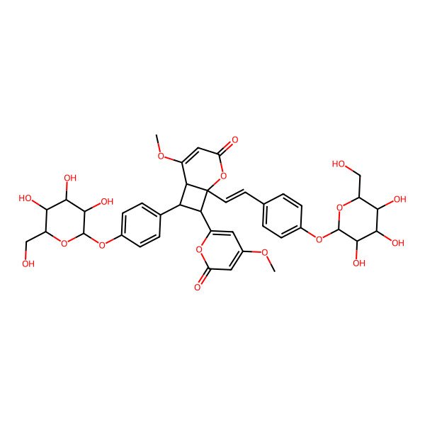 2D Structure of (1R,6S,7R,8S)-5-methoxy-8-(4-methoxy-6-oxopyran-2-yl)-7-[4-[(2R,3R,4R,5S,6R)-3,4,5-trihydroxy-6-(hydroxymethyl)oxan-2-yl]oxyphenyl]-1-[(E)-2-[4-[(2S,3R,4R,5S,6S)-3,4,5-trihydroxy-6-(hydroxymethyl)oxan-2-yl]oxyphenyl]ethenyl]-2-oxabicyclo[4.2.0]oct-4-en-3-one
