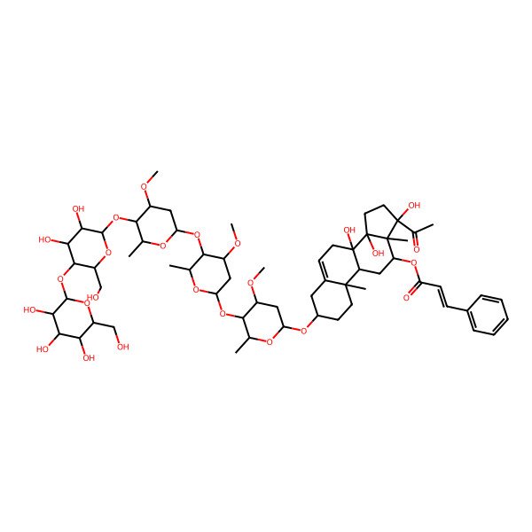 2D Structure of [(3S,8S,10R,12R,13S,14R,17S)-17-acetyl-3-[(2R,4R,5R)-5-[(2S,4R,5R)-5-[(2S,4R,5R)-5-[(2S,4R,5S)-3,4-dihydroxy-6-(hydroxymethyl)-5-[(2S,4S,5S)-3,4,5-trihydroxy-6-(hydroxymethyl)oxan-2-yl]oxyoxan-2-yl]oxy-4-methoxy-6-methyloxan-2-yl]oxy-4-methoxy-6-methyloxan-2-yl]oxy-4-methoxy-6-methyloxan-2-yl]oxy-8,14,17-trihydroxy-10,13-dimethyl-1,2,3,4,7,9,11,12,15,16-decahydrocyclopenta[a]phenanthren-12-yl] (E)-3-phenylprop-2-enoate