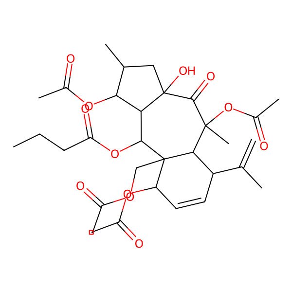 2D Structure of [1,5,9-Triacetyloxy-9a-(acetyloxymethyl)-3a-hydroxy-2,5-dimethyl-4-oxo-6-prop-1-en-2-yl-1,2,3,5a,6,9,10,10a-octahydrobenzo[f]azulen-10-yl] butanoate