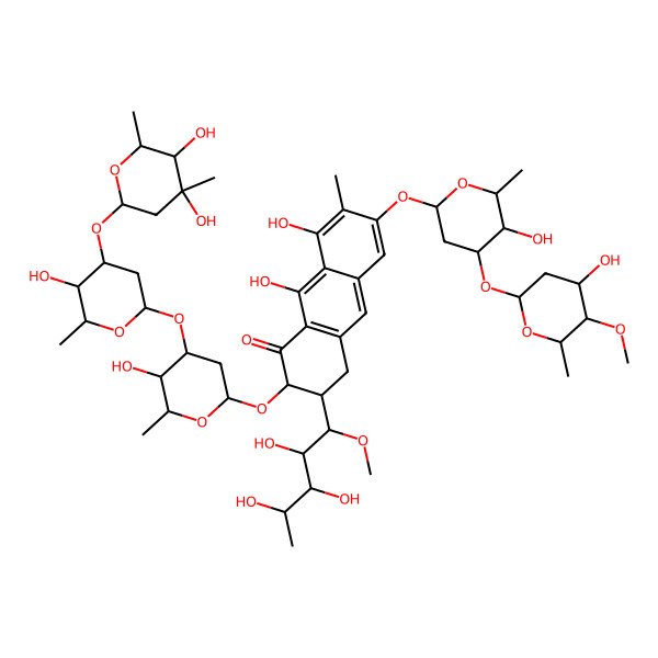2D Structure of (2S,3S)-2-[4-[4-(4,5-dihydroxy-4,6-dimethyloxan-2-yl)oxy-5-hydroxy-6-methyloxan-2-yl]oxy-5-hydroxy-6-methyloxan-2-yl]oxy-8,9-dihydroxy-6-[5-hydroxy-4-(4-hydroxy-5-methoxy-6-methyloxan-2-yl)oxy-6-methyloxan-2-yl]oxy-7-methyl-3-[(1S,3S,4R)-2,3,4-trihydroxy-1-methoxypentyl]-3,4-dihydro-2H-anthracen-1-one