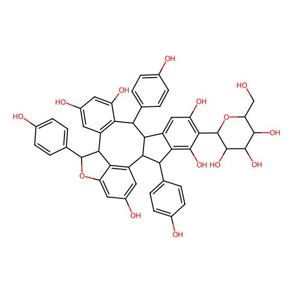 2D Structure of (2S,3S,10R,11R,18R,19R)-3,11,19-tris(4-hydroxyphenyl)-6-[(2S,3R,4R,5S,6R)-3,4,5-trihydroxy-6-(hydroxymethyl)oxan-2-yl]-20-oxahexacyclo[16.6.1.02,10.04,9.012,17.021,25]pentacosa-1(25),4,6,8,12(17),13,15,21,23-nonaene-5,7,13,15,23-pentol