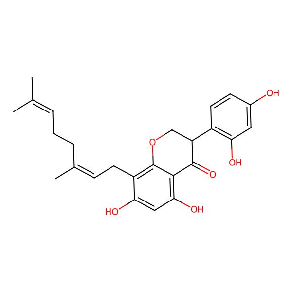 2D Structure of (3R)-3-(2,4-dihydroxyphenyl)-8-[(2E)-3,7-dimethylocta-2,6-dienyl]-5,7-dihydroxy-2,3-dihydrochromen-4-one
