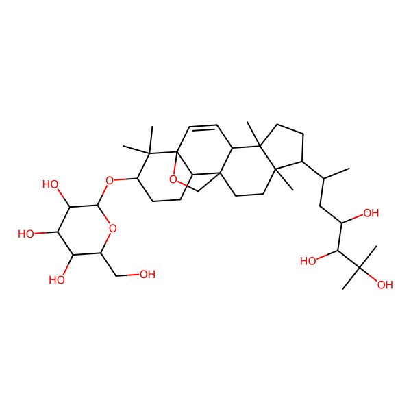2D Structure of 2-(Hydroxymethyl)-6-[[5,9,17,17-tetramethyl-8-(4,5,6-trihydroxy-6-methylheptan-2-yl)-18-oxapentacyclo[10.5.2.01,13.04,12.05,9]nonadec-2-en-16-yl]oxy]oxane-3,4,5-triol