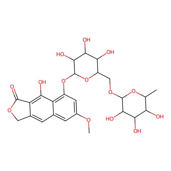 2D Structure of 9-hydroxy-6-methoxy-8-[(2S,3R,4S,5S,6R)-3,4,5-trihydroxy-6-[[(2R,3R,4R,5R,6S)-3,4,5-trihydroxy-6-methyloxan-2-yl]oxymethyl]oxan-2-yl]oxy-3H-benzo[f][2]benzofuran-1-one