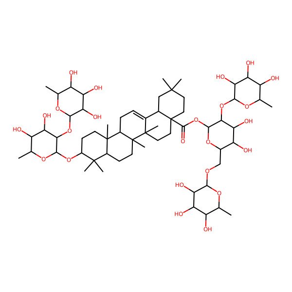 2D Structure of [(2S,3R,4S,5S,6R)-4,5-dihydroxy-3-[(2S,3R,4R,5R,6S)-3,4,5-trihydroxy-6-methyloxan-2-yl]oxy-6-[[(2R,3R,4S,5R,6R)-3,4,5-trihydroxy-6-methyloxan-2-yl]oxymethyl]oxan-2-yl] (4aS,6aR,6aS,6bR,8aR,10S,12aR,14bS)-10-[(2R,3R,4S,5R,6R)-4,5-dihydroxy-6-methyl-3-[(2S,3R,4R,5R,6S)-3,4,5-trihydroxy-6-methyloxan-2-yl]oxyoxan-2-yl]oxy-2,2,6a,6b,9,9,12a-heptamethyl-1,3,4,5,6,6a,7,8,8a,10,11,12,13,14b-tetradecahydropicene-4a-carboxylate