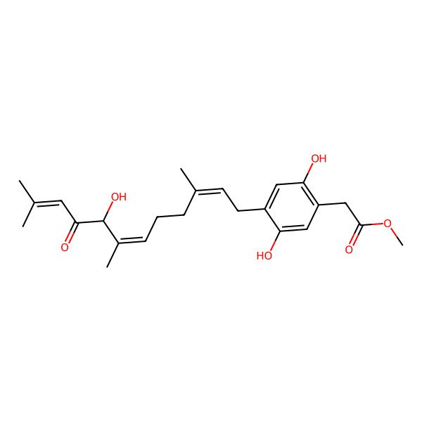 2D Structure of methyl 2-[2,5-dihydroxy-4-[(2E,6E,8R)-8-hydroxy-3,7,11-trimethyl-9-oxododeca-2,6,10-trienyl]phenyl]acetate
