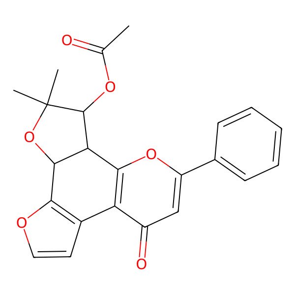2D Structure of (9,9-Dimethyl-16-oxo-14-phenyl-5,8,13-trioxatetracyclo[10.4.0.02,6.07,11]hexadeca-1(12),2(6),3,14-tetraen-10-yl) acetate