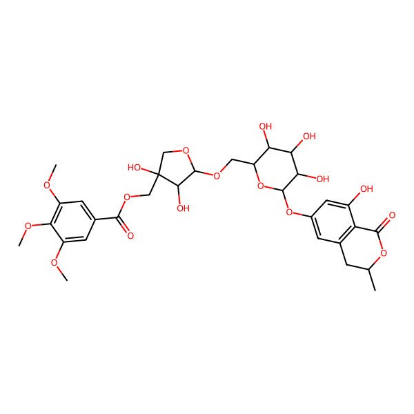 2D Structure of [(3R,4S,5S)-3,4-dihydroxy-5-[[(2S,3R,4R,5S,6R)-3,4,5-trihydroxy-6-[[(3S)-8-hydroxy-3-methyl-1-oxo-3,4-dihydroisochromen-6-yl]oxy]oxan-2-yl]methoxy]oxolan-3-yl]methyl 3,4,5-trimethoxybenzoate