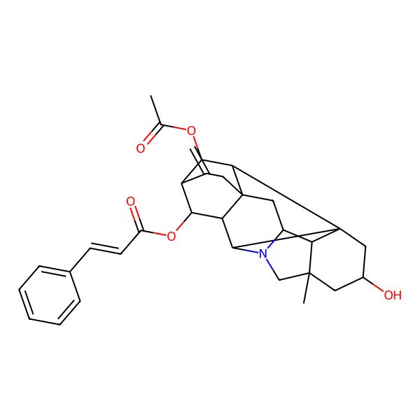 2D Structure of (19-Acetyloxy-3-hydroxy-5-methyl-12-methylidene-7-azaheptacyclo[9.6.2.01,8.05,17.07,16.09,14.014,18]nonadecan-10-yl) 3-phenylprop-2-enoate