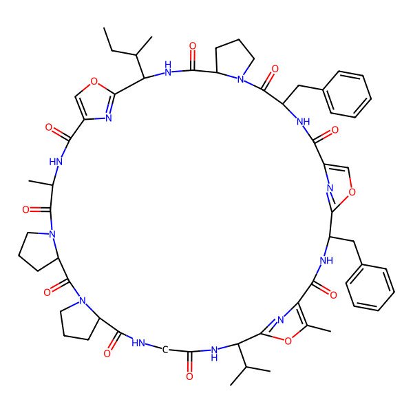 2D Structure of 4,11-Dibenzyl-20-butan-2-yl-27,48-dimethyl-45-propan-2-yl-6,22,47-trioxa-3,10,13,19,26,29,35,41,44,49,50,51-dodecazaheptacyclo[44.2.1.15,8.121,24.013,17.029,33.035,39]henpentaconta-1(48),5(51),7,21(50),23,46(49)-hexaene-2,9,12,18,25,28,34,40,43-nonone