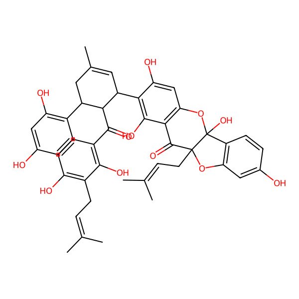 2D Structure of 2-[6-[2,4-Dihydroxy-3-(3-methylbut-2-enyl)benzoyl]-5-(2,4-dihydroxyphenyl)-3-methylcyclohex-2-en-1-yl]-1,3,5a,8-tetrahydroxy-10a-(3-methylbut-2-enyl)-[1]benzofuro[3,2-b]chromen-11-one