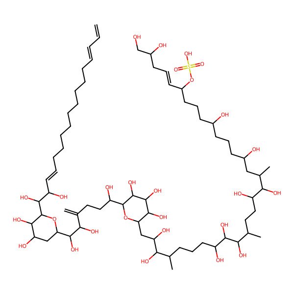 2D Structure of [(E)-31-[6-[6-[6-[(3E,14E)-1,2-dihydroxyheptadeca-3,14,16-trienyl]-4,5-dihydroxyoxan-2-yl]-1,5,6-trihydroxy-4-methylidenehexyl]-3,4,5-trihydroxyoxan-2-yl]-1,2,10,14,17,18,22,23,24,29,30-undecahydroxy-16,21,28-trimethylhentriacont-4-en-6-yl] hydrogen sulfate