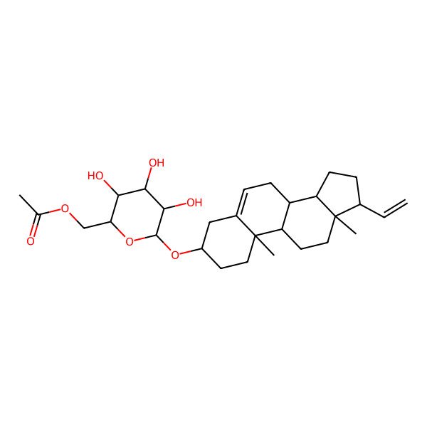 2D Structure of [(2R,3R,4S,5R,6R)-6-[[(3S,8S,9S,10R,13R,14S,17R)-17-ethenyl-10,13-dimethyl-2,3,4,7,8,9,11,12,14,15,16,17-dodecahydro-1H-cyclopenta[a]phenanthren-3-yl]oxy]-3,4,5-trihydroxyoxan-2-yl]methyl acetate