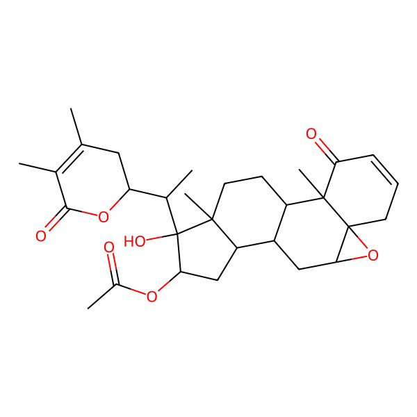 2D Structure of [(1S,2R,7S,9R,11S,12S,14R,15S,16S)-15-[(1R)-1-[(2R)-4,5-dimethyl-6-oxo-2,3-dihydropyran-2-yl]ethyl]-15-hydroxy-2,16-dimethyl-3-oxo-8-oxapentacyclo[9.7.0.02,7.07,9.012,16]octadec-4-en-14-yl] acetate