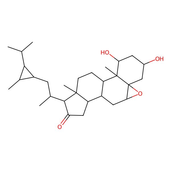 2D Structure of 3,5-Dihydroxy-2,16-dimethyl-15-[1-(2-methyl-3-propan-2-ylcyclopropyl)propan-2-yl]-8-oxapentacyclo[9.7.0.02,7.07,9.012,16]octadecan-14-one