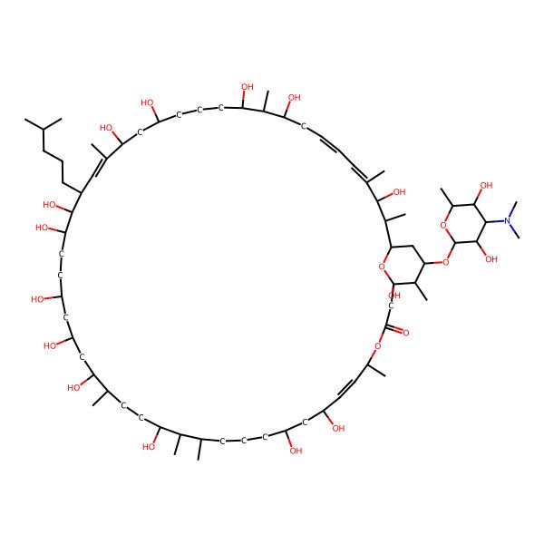 2D Structure of (6E,30E,42E,44E)-50-[(2R,3R,4S,5S,6R)-4-(dimethylamino)-3,5-dihydroxy-6-methyloxan-2-yl]oxy-1,8,10,16,20,22,24,27,28,32,34,38,40,46-tetradecahydroxy-5,14,15,19,31,39,45,47,51-nonamethyl-29-(4-methylpentyl)-4,52-dioxabicyclo[46.3.1]dopentaconta-6,30,42,44-tetraen-3-one