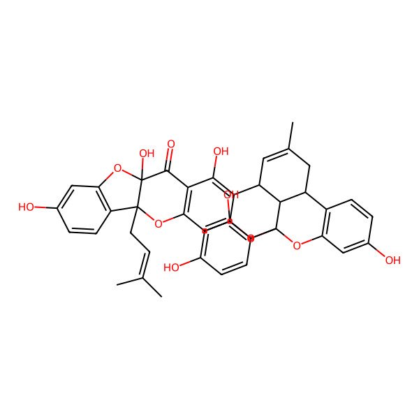2D Structure of (1S,6R,14S,20R,28S,32R)-20-(2,4-dihydroxyphenyl)-3,6,10,24-tetrahydroxy-30-methyl-14-(3-methylbut-2-enyl)-7,15,19,21-tetraoxaoctacyclo[18.11.1.02,18.04,16.06,14.08,13.022,27.028,32]dotriaconta-2,4(16),8(13),9,11,17,22(27),23,25,30-decaen-5-one