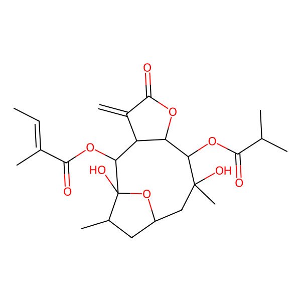 2D Structure of [1,9-Dihydroxy-9,13-dimethyl-4-methylidene-8-(2-methylpropanoyloxy)-5-oxo-6,14-dioxatricyclo[9.2.1.03,7]tetradecan-2-yl] 2-methylbut-2-enoate