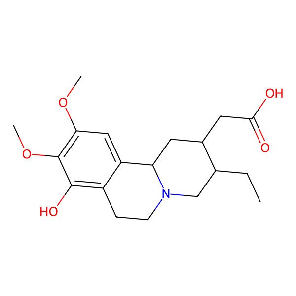 2D Structure of 2-[(2R,3R,11bS)-3-ethyl-8-hydroxy-9,10-dimethoxy-2,3,4,6,7,11b-hexahydro-1H-benzo[a]quinolizin-2-yl]acetic acid