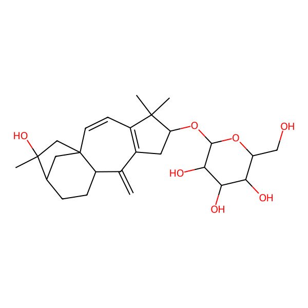 2D Structure of (2R,3R,4S,5R,6R)-2-(hydroxymethyl)-6-[[(1R,6S,10R,13R,14R)-14-hydroxy-5,5,14-trimethyl-9-methylidene-6-tetracyclo[11.2.1.01,10.04,8]hexadeca-2,4(8)-dienyl]oxy]oxane-3,4,5-triol