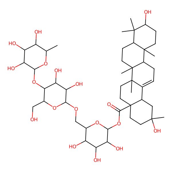 2D Structure of [(2S,3R,4S,5S,6R)-6-[[(2R,3R,4R,5S,6R)-3,4-dihydroxy-6-(hydroxymethyl)-5-[(2S,3R,4R,5R,6S)-3,4,5-trihydroxy-6-methyloxan-2-yl]oxyoxan-2-yl]oxymethyl]-3,4,5-trihydroxyoxan-2-yl] (2R,4aR,6aR,6aS,6bR,8aR,10R,12aR,14bS)-2,10-dihydroxy-2,6a,6b,9,9,12a-hexamethyl-1,3,4,5,6,6a,7,8,8a,10,11,12,13,14b-tetradecahydropicene-4a-carboxylate
