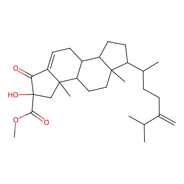 2D Structure of methyl (2S,3aR,3bS,5aR,6R,8aS,8bS)-2-hydroxy-3a,5a-dimethyl-6-[(2R)-6-methyl-5-methylideneheptan-2-yl]-1-oxo-3,3b,4,5,6,7,8,8a,8b,9-decahydroindeno[5,4-e]indene-2-carboxylate