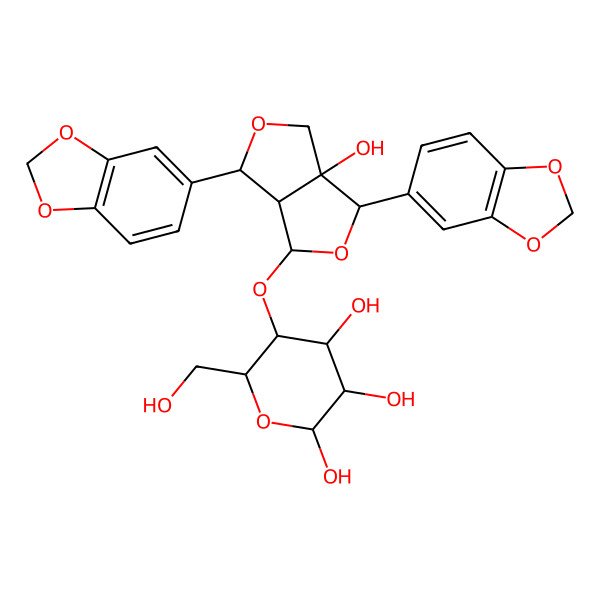 2D Structure of (2R,3R,4R,5S,6R)-5-[[(3S,3aR,4S,6R,6aS)-3,6-bis(1,3-benzodioxol-5-yl)-6a-hydroxy-3,3a,4,6-tetrahydro-1H-furo[3,4-c]furan-4-yl]oxy]-6-(hydroxymethyl)oxane-2,3,4-triol