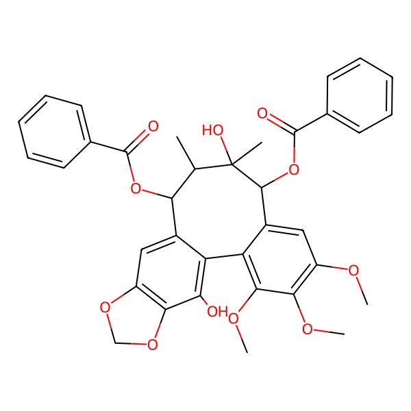 2D Structure of (8-Benzoyloxy-9,19-dihydroxy-3,4,5-trimethoxy-9,10-dimethyl-15,17-dioxatetracyclo[10.7.0.02,7.014,18]nonadeca-1(19),2,4,6,12,14(18)-hexaen-11-yl) benzoate