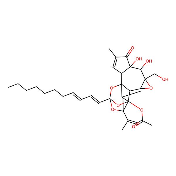 2D Structure of [(1R,2R,6S,7S,8R,10S,11S,12R,14S,16S,17R,18R)-6,7-dihydroxy-8-(hydroxymethyl)-4,18-dimethyl-5-oxo-16-prop-1-en-2-yl-14-[(1E,3E)-undeca-1,3-dienyl]-9,13,15,19-tetraoxahexacyclo[12.4.1.01,11.02,6.08,10.012,16]nonadec-3-en-17-yl] acetate