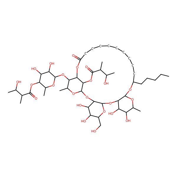 2D Structure of [(2R,3S,4R,5R,6S)-4,5-dihydroxy-2-methyl-6-[[(1S,3R,4S,5S,6R,8S,10R,11S,12S,13R,15R,17S,29R,30S,31S,33R)-4,5,11,12-tetrahydroxy-6-(hydroxymethyl)-33-[(2R,3S)-3-hydroxy-2-methylbutanoyl]oxy-13,31-dimethyl-27-oxo-17-pentyl-2,7,9,14,16,28,32-heptaoxatetracyclo[27.3.1.03,8.010,15]tritriacontan-30-yl]oxy]oxan-3-yl] (2R,3S)-3-hydroxy-2-methylbutanoate