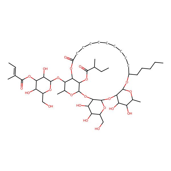 2D Structure of [(1R,3R,4S,5R,6R,8S,10S,11R,12R,13R,15S,17S,29S,30S,31R,33S)-30-[(2S,3R,4S,5R,6R)-3,5-dihydroxy-6-(hydroxymethyl)-4-[(E)-2-methylbut-2-enoyl]oxyoxan-2-yl]oxy-4,5,11,12-tetrahydroxy-6-(hydroxymethyl)-13,31-dimethyl-27-oxo-17-pentyl-2,7,9,14,16,28,32-heptaoxatetracyclo[27.3.1.03,8.010,15]tritriacontan-33-yl] (2R)-2-methylbutanoate