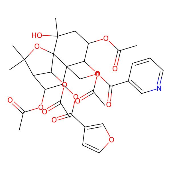 2D Structure of [4,5,8,12-Tetraacetyloxy-7-(furan-3-carbonyloxy)-2-hydroxy-2,10,10-trimethyl-11-oxatricyclo[7.2.1.01,6]dodecan-6-yl]methyl pyridine-3-carboxylate