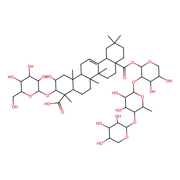 2D Structure of 28-(O-beta-D-Xylopyranosyl-(1-->4)-O-6-deoxy-alpha-L-mannopyranosyl-(1-->2)-alpha-L-arabinopyranosyl) (2beta,3beta,4alpha)-3-(beta-D-glucopyranosyloxy)-2-hydroxyolean-12-ene-23,28-dioate